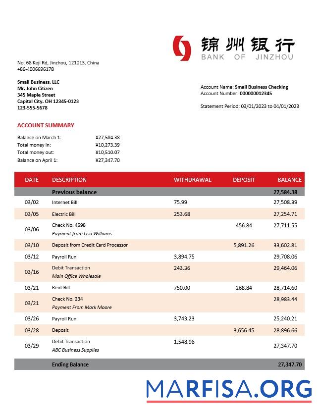 Blank Bank of Jinzhou organization account statement Word and PDF template